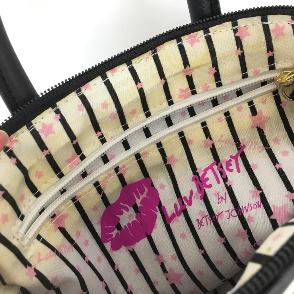 Luv Betsey Betsey Johnson Unicorn Cat Satchel Purse Bag Black White Stripe Small